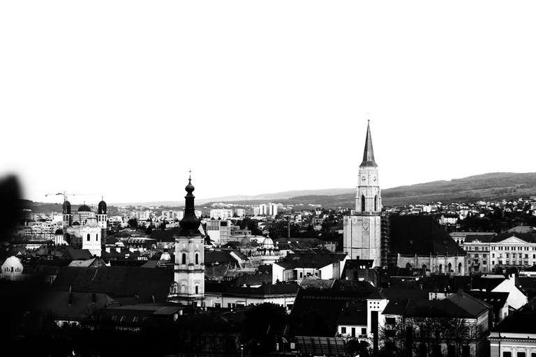 Panorama of  town of Cluj-Napoca, Romania, in dramatic black and white rendering